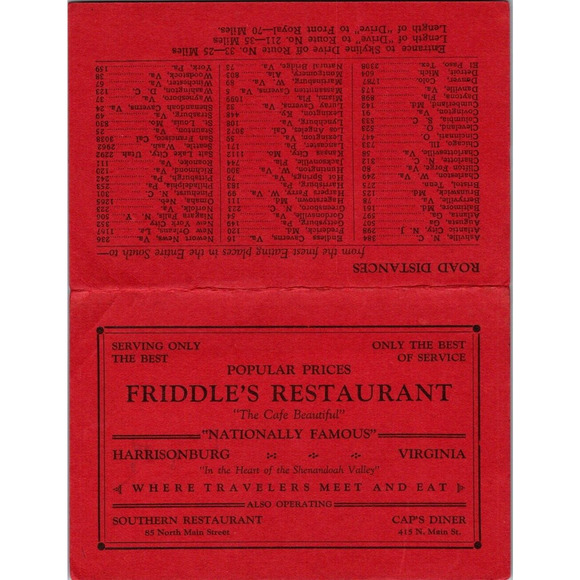 Friddle's Restaurant Harrisonburg Va Where Travelers Meet & Eat Advertising Card - Picture 2 of 3